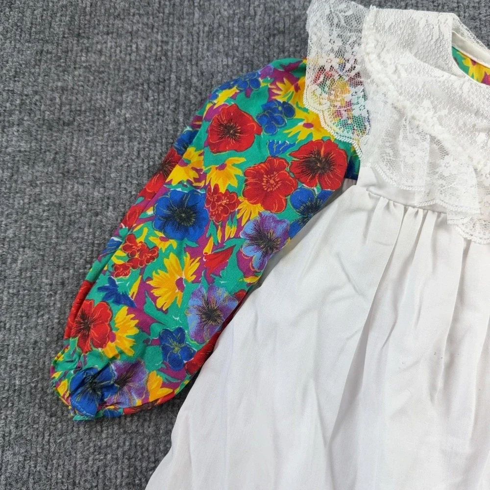 Floral Lace Dress Girls 12-18 Months White Pinafore Long Sleeve Party Ruffle Hem